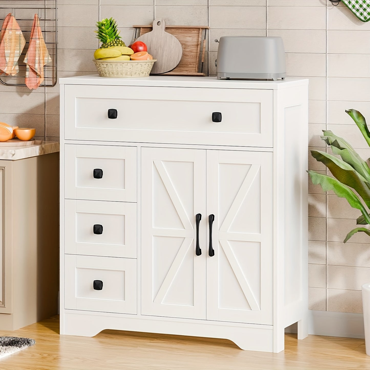 2 Door 4 Drawer Storage Cabinet Freestanding Bathroom Kitchen Organizer with Adjustable Shelves, Multi-Purpose Floor Cupboard for Living Room, Bedroom, Bathroom, Kitchen Pantry - Modern Home Storage Hutch