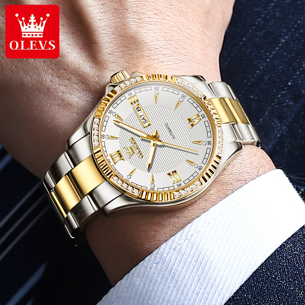 OLEVS Luxury Men'S Automatic Mechanical Watch with Luminous Hands & Dual Calendar - Stainless Steel Business Chronograph, Golden-Tone Dial, High Quality (1181.1inch) - Self-Winding Movement, No Battery/Easy Maintenance, Elega
