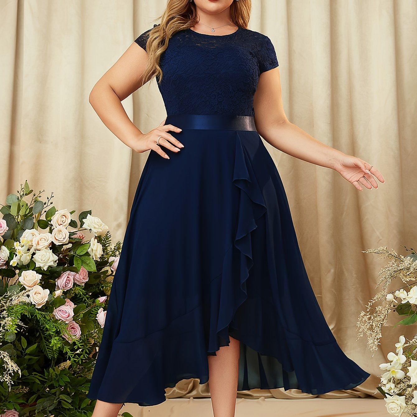 Plus Size, Women's Elegant Plus Size Bridesmaid Dress - Floor-Length Formal wedding gown with Ruffled Hem, A-Line Maxi dress in Deep Purple/, Machine Washable Chiffon for Prom, Evening Parties, Bridal Party - Structured Fit &
