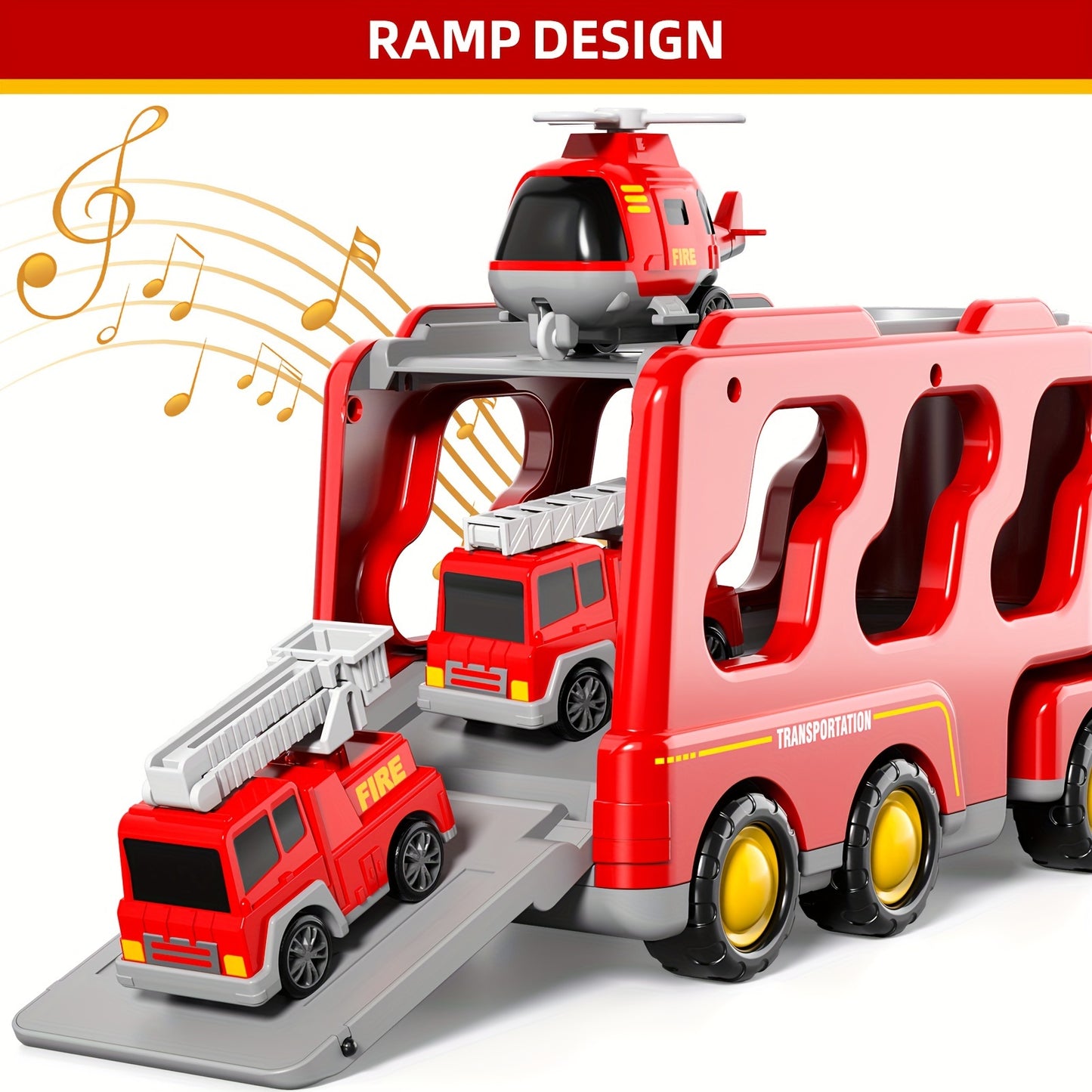 Fire Truck Toys for 3 4 5 Boys Toddlers, 5in 1 Kids Carrier Fire Trucks Cars for Boy Toys Birthday, Car Trucks Friction Power Toys with Light Sound