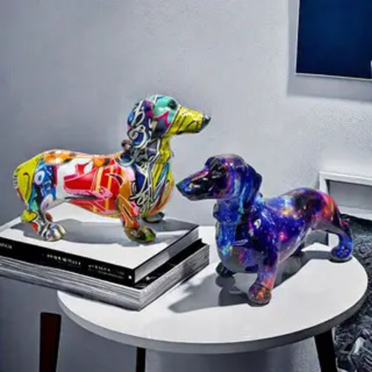 A Decorative Sculpture of a Dachshund Dog, Designed As Graffiti Art, Perfect for Enhancing The Aesthetic of Your Living Room, Bedroom, Bookshelf, TV Cabinet, Or Desk. It Serves As a Charming Centerpiece Or Ornament
