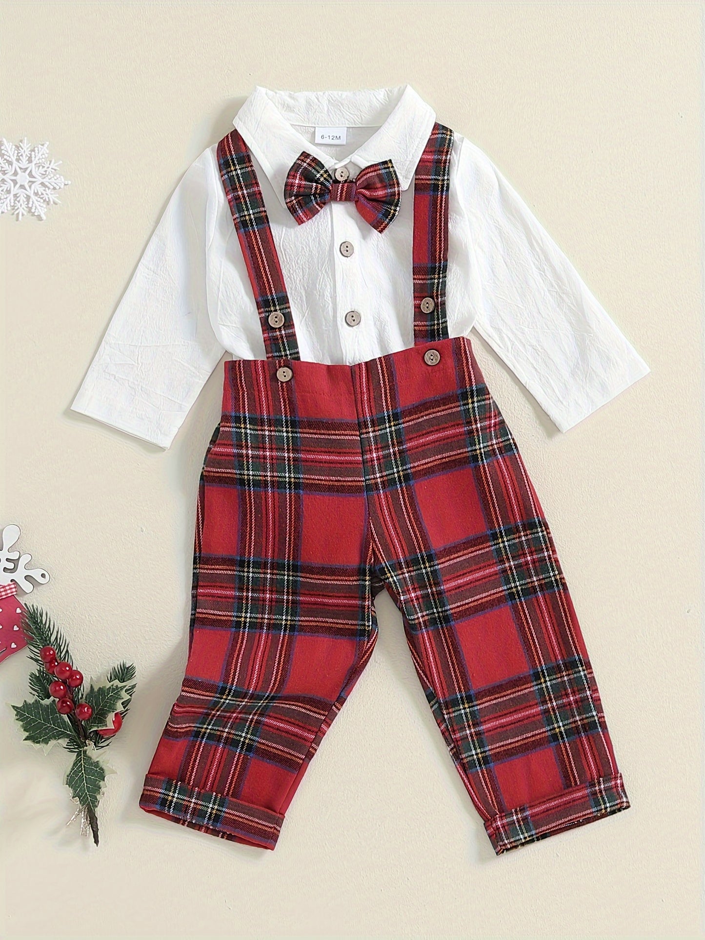 Baby Boy Gentleman Outfit Solid Long Sleeve Lapel Neck Romper with Plaid Suspender Pants and Bow Tie 3pcs Set, for Outdoor