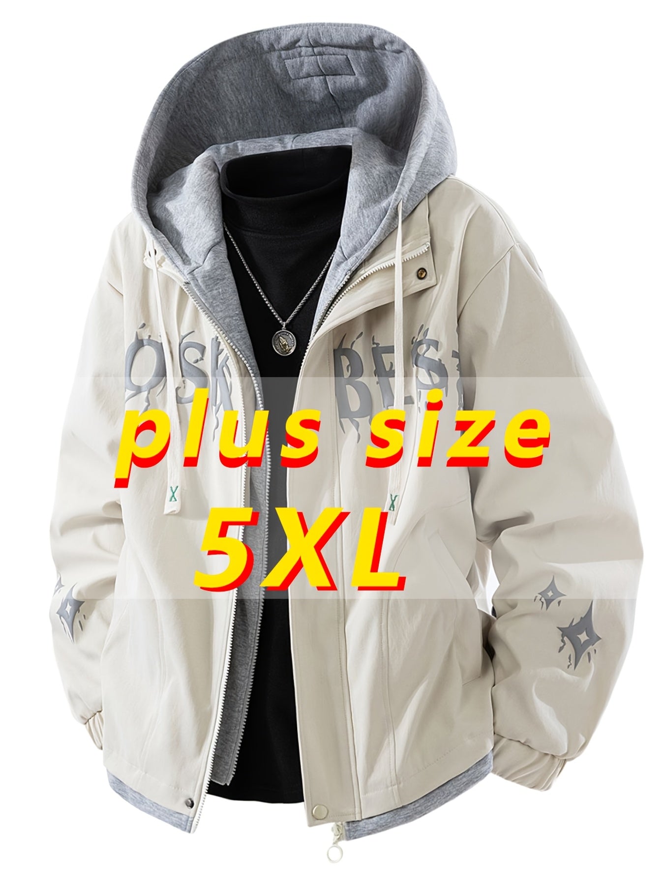 Men'S Urban Fashion: A Large, Color-Blocked Hooded Jacket Featuring Striking Text And a Faux Layering Style, Along with a Spring Crewneck Sweatshirt Designed to Look Like a Two-Piece, And a Casual Zip-Up, Plus Size
