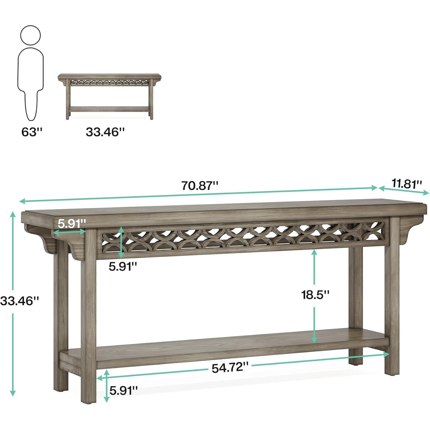 70.8" Extra Long Narrow Console Table - Heavy-Duty Farmhouse Entryway Table with Storage Shelf, Solid Wood Construction (Hardwood/Tabletop), Sturdy Legs - Space-Saving Sofa Table for Living Room, Hallway, Entryway - Easy Asse