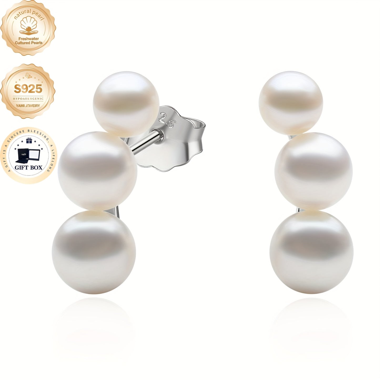 YAMI Black Seawater Pearl Stud Or Hoop Earrings For Women, 925 Sterling Silver Hypoallergenic Earrings, Climber Crawler Jewelry, Dainty Jewelry Gifts For Anniversary Birthday