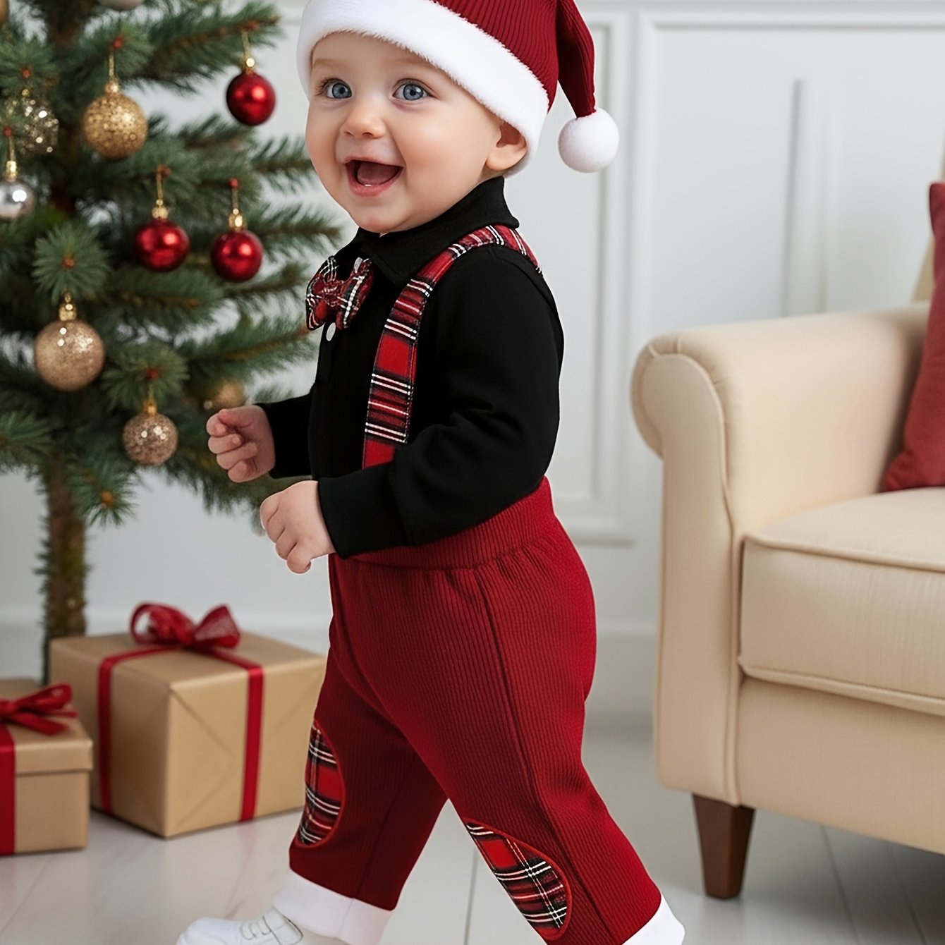 3pcs Baby Boys' Christmas Outfit Set - Elegant Black & Red Formal attire with, Long Sleeve Jumpsuit & Red Bib Pants, Easy-diaper change snaps, Holiday Party & Photo Shoot Clothing for Boys (Christmas Hat Included) - Ideal Chr