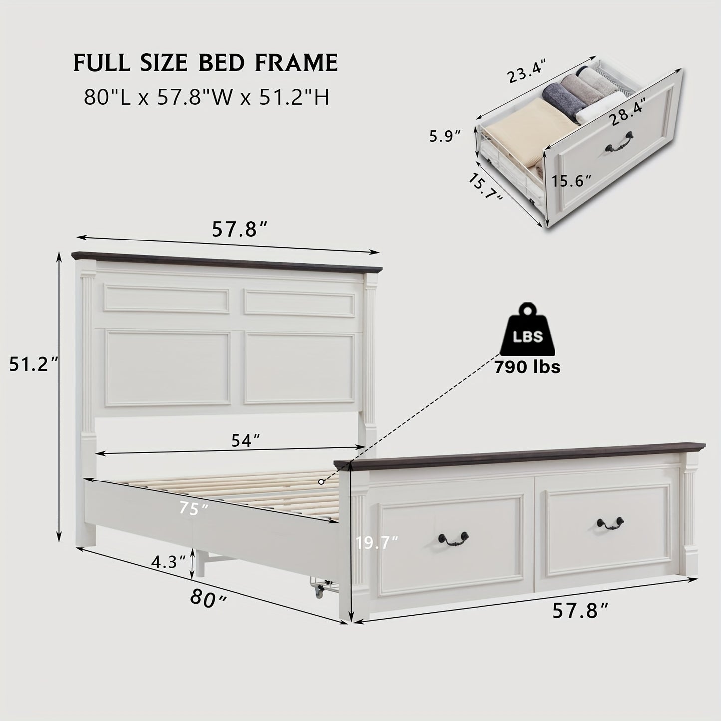 Farmhouse King/ Queen/ Full Size Bed Frame with Tall Headboard, Wood Platform Bed Frame with 20" Tall Roman Column Decoration Footboard & 3 Large Storage Drawers, No Box Spring Needed