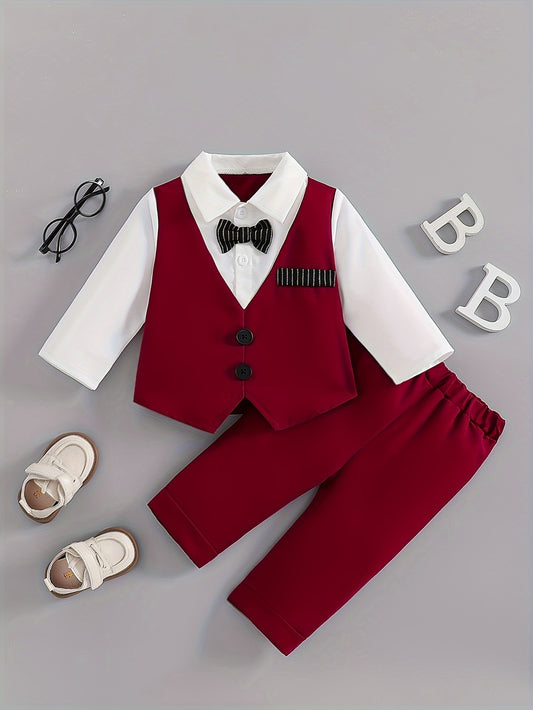 Baby Clothing And Baby Products 2025 New Baby Spring And Autumn Suit Set Wedding Birthday Party Gift Suit Fake Two Piece Long Sleeved Top And Pants Children'S Gentleman Baptismal Set Start Season Hot Halloween And Christmas C