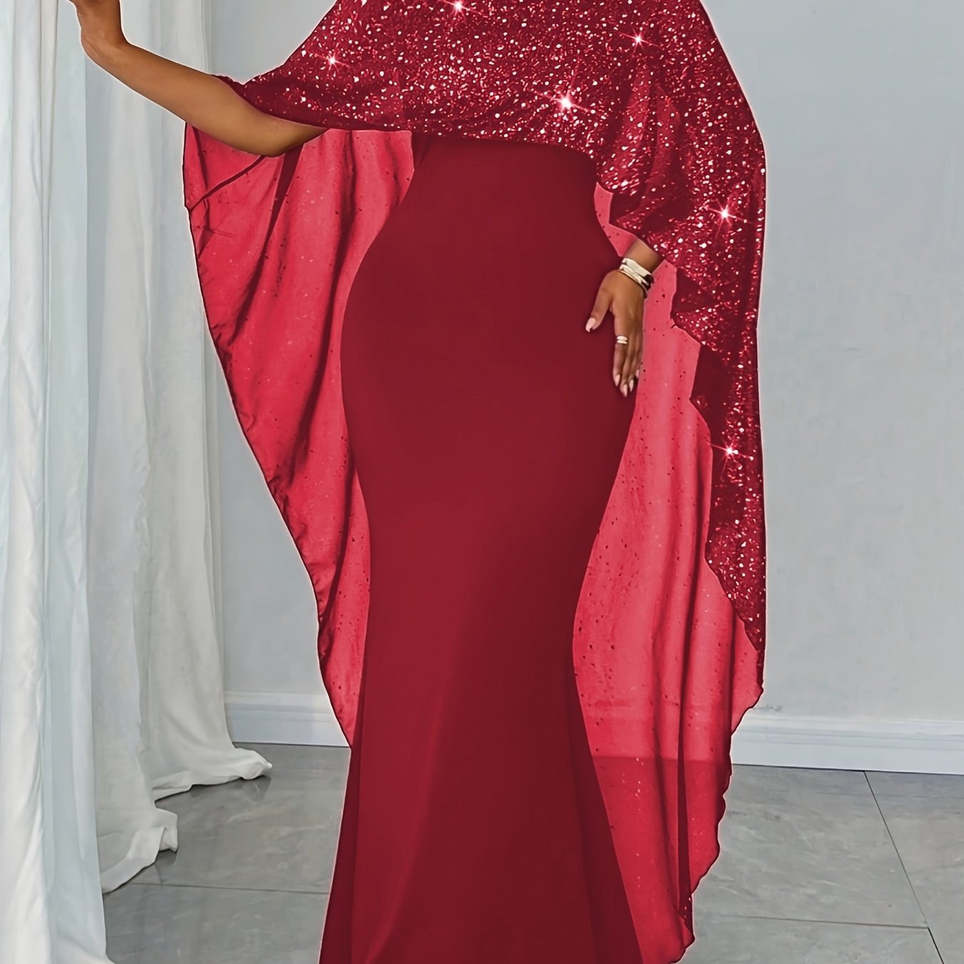 Plus Size - Plus Size - Women'S Elegant Dress with Star-Speckled Cape Sleeves - Stretchy Summer Party & Formal Attire, Plus Size Fitted Top & Flowy Skirt, Machine Washable, Elegant Outfit | Flowy Skirt Gown | Sleek Black Dres