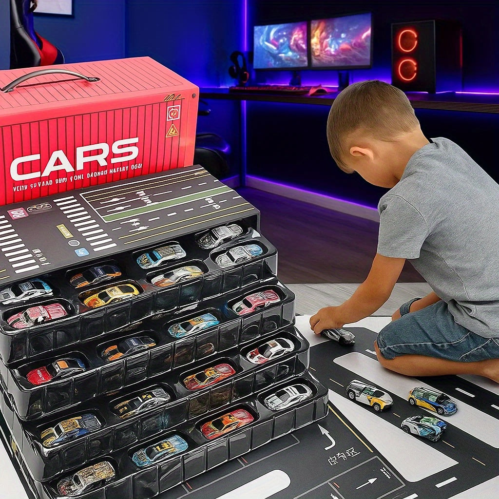 24pcs / 48pcs Pull-Back Racing Car Model Set | Various Iron Alloy Simulation Racing Include Map, Parking Lot, And Four-Story Garage | Gift Box Collector'S Edition with Rich Interactive Experience | Ideal for Christmas, Birthd