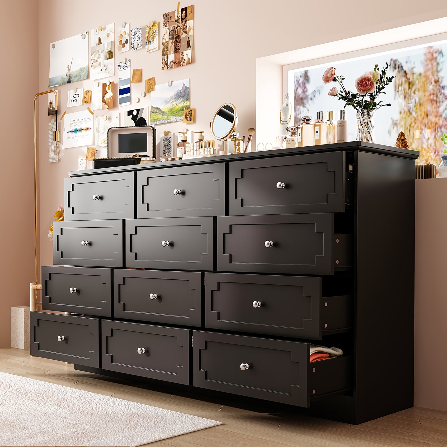 12-Drawer Double Dresser Storage Box, 61'' W Modern Wooden Chest Of Drawers with Handles, Deep Drawers, for Living Room, Bedroom, Hallway, Large Storage Space, Black