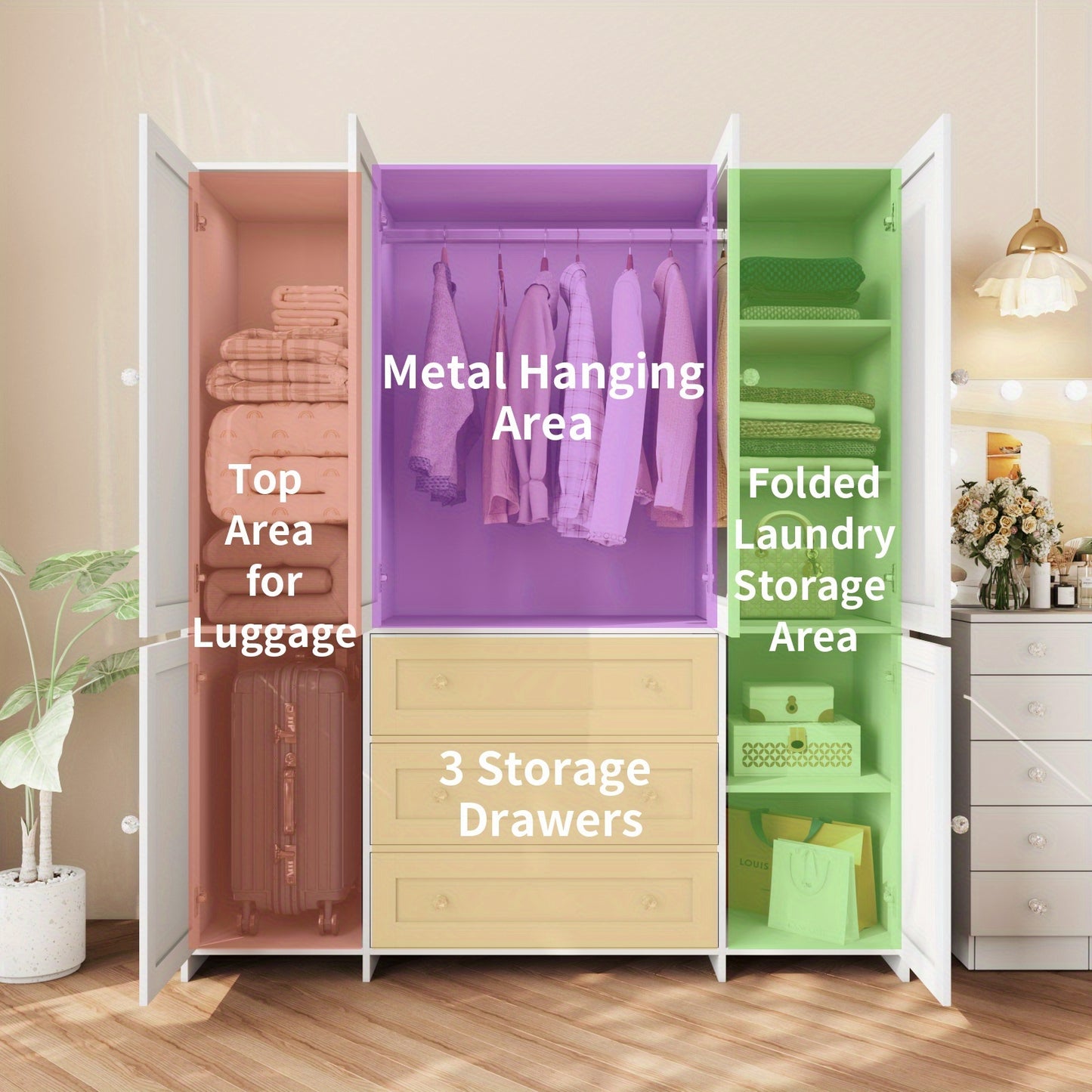 47"/63" Large Modern Armoire Wardrobe Closet with Mirror Door, Hanging Rod, Drawers & Shelves - -Standing Dresser Suitable for Bedroom, Assembly, Wood & MDF