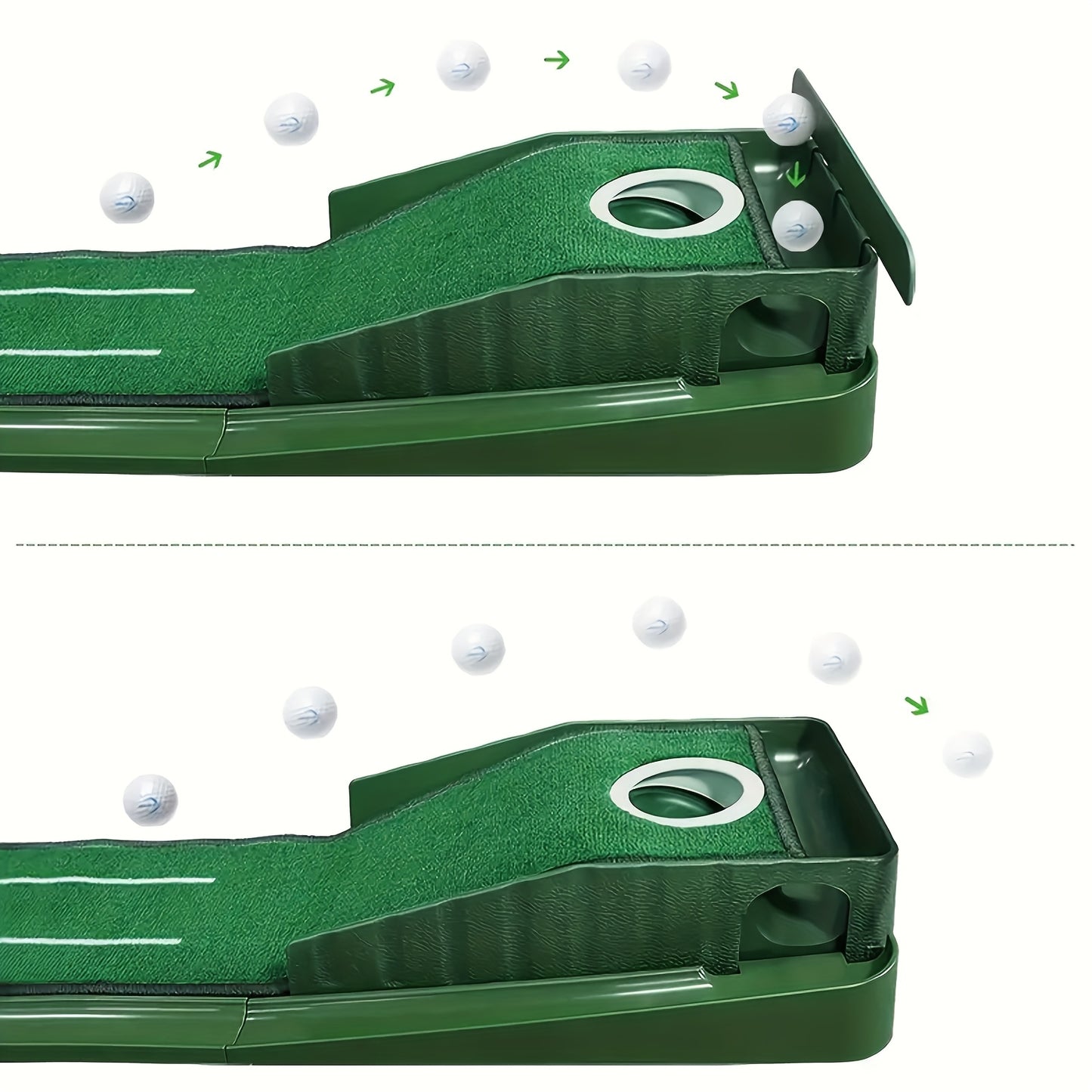 Golf Accelerator - A Sturdy Indoor Putting Mat Featuring Automatic Retrieval And a Post-Hole Collection System. Ideal for Practicing at for home Or Outdoors, It Enhances Putting Skills And Is Perfect for Both Golf Lovers And