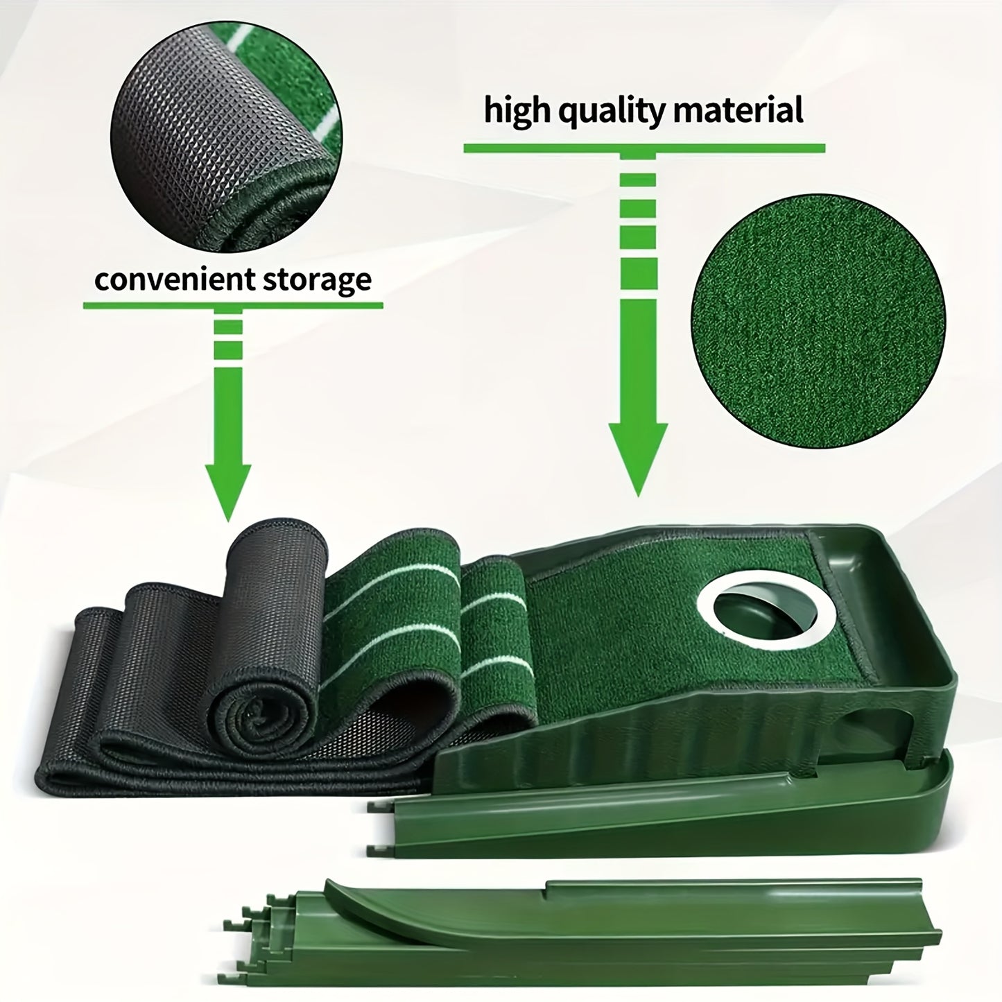 Golf Accelerator - A Sturdy Indoor Putting Mat Featuring Automatic Retrieval And a Post-Hole Collection System. Ideal for Practicing at for home Or Outdoors, It Enhances Putting Skills And Is Perfect for Both Golf Lovers And