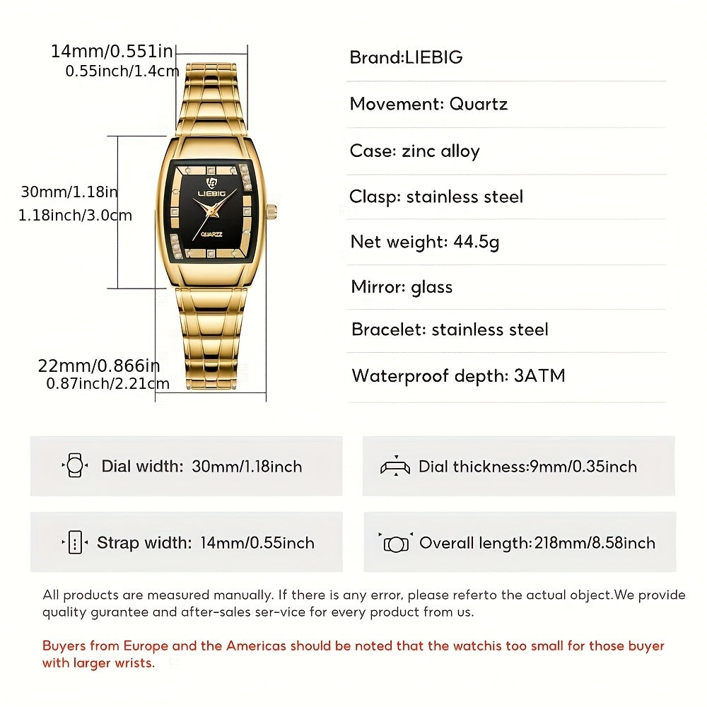 LIEBIG Luxury Women's Quartz Watch - Elegant Golden-Tone Stainless Steel Band, Black Dial with Gemstones, up to 1181.1 inch, World Time Feature, Oval Case, Perfect for Parties & Gifts, LIEBIG