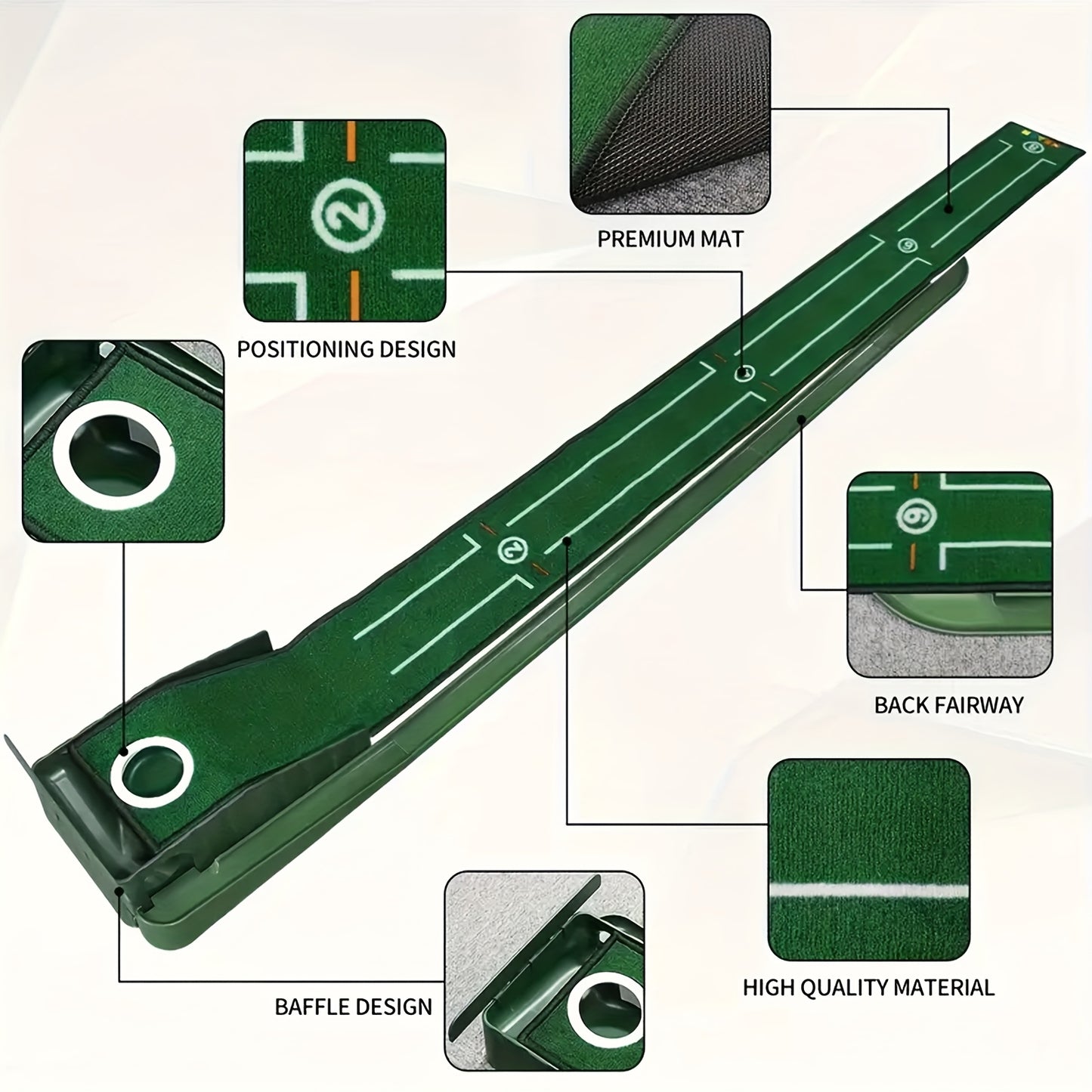 Golf Accelerator - A Sturdy Indoor Putting Mat Featuring Automatic Retrieval And a Post-Hole Collection System. Ideal for Practicing at for home Or Outdoors, It Enhances Putting Skills And Is Perfect for Both Golf Lovers And