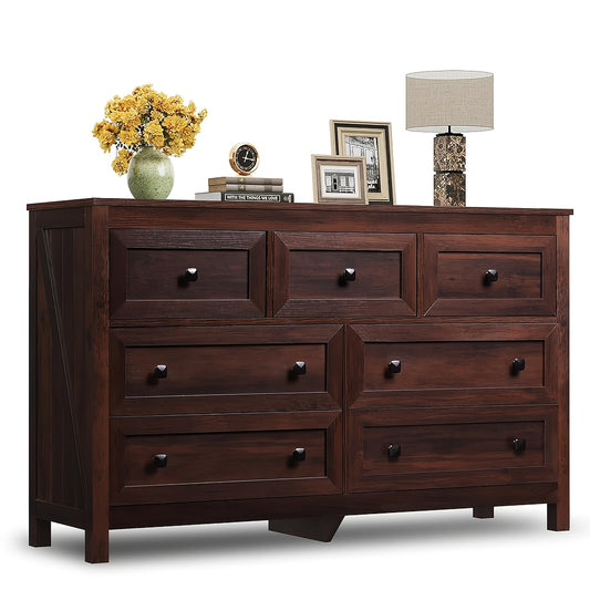 7-Drawer Farmhouse Storage Dresser | 51" Wide Hardwood Chest with Rustic Brown End, Multipurpose TV Stand for Up to 65 Inch Television, Vintage Style, Floor Mount, GALAXHERO Brand