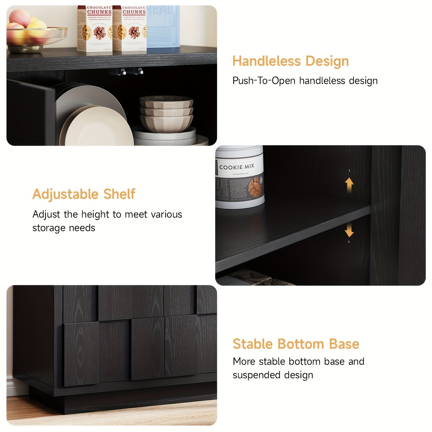 60" Mid-Century Modern Farmhouse Buffet Cabinet - Stylish & Functional Storage Credenza with Coffee Bar Station, Adjustable Shelving & Artisan-Crafted Asymmetric Design for Living Room Kitchen Entryway, Black