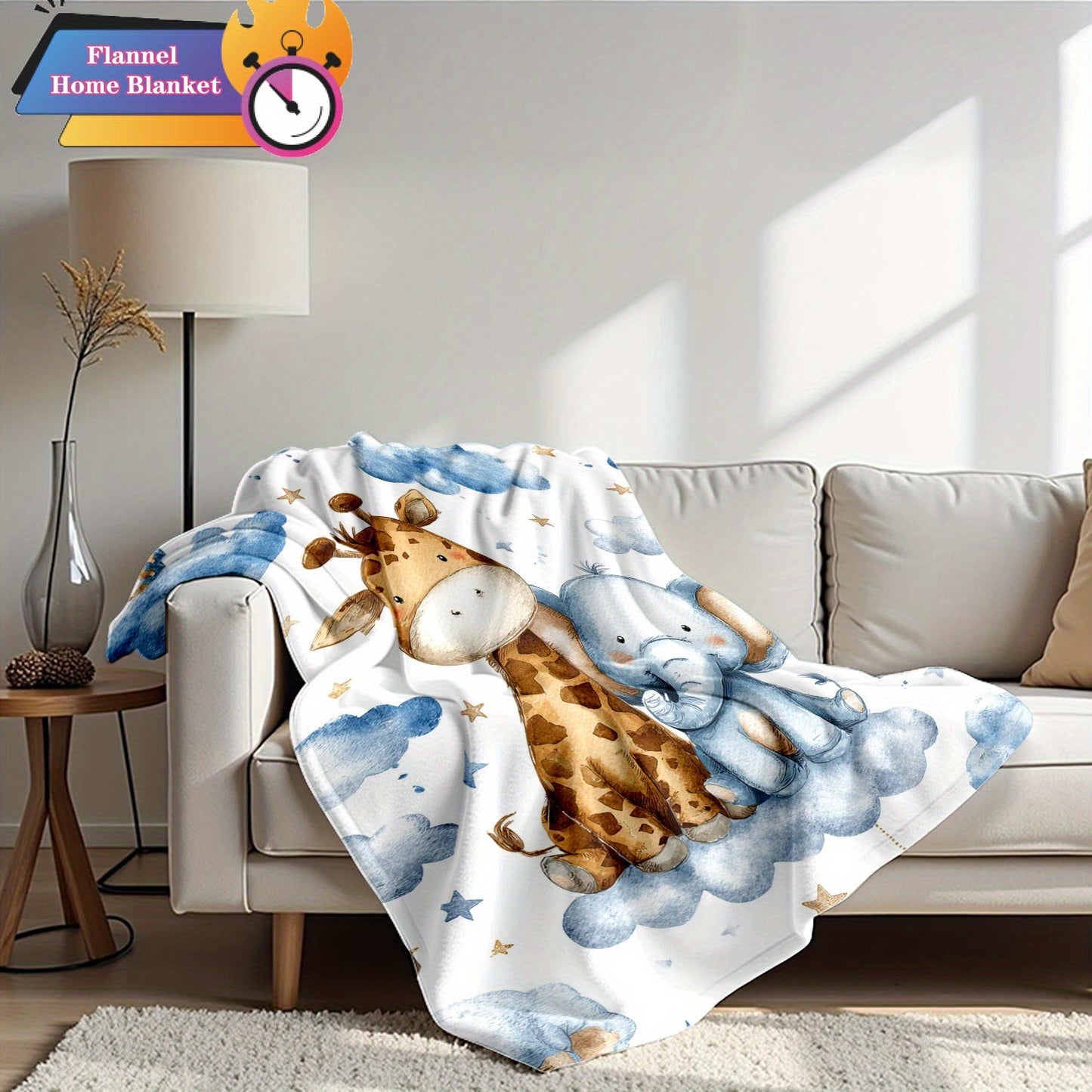 280gsm Jungle Bedspread - Giraffe & Elephant Plush Flannel Quilt Set with Clouds & Stars, Soft All-Season Bedding for, Bed, Sofa, Car, Camping - Cute Baby Animal Blanket Gift, Leopard Throw Blanket, Animal Hooded Blanket, Blu