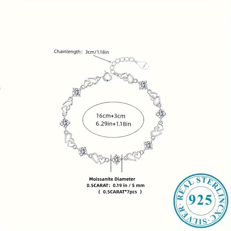 S925 Sterling Silver Bracelet, Heart-Shaped Moissanite Decor, Elegant & Sexy Ladies Fashion Bangle, Engagement, Wedding, Love Confession, Gift For Women, Valentine's Day Essential