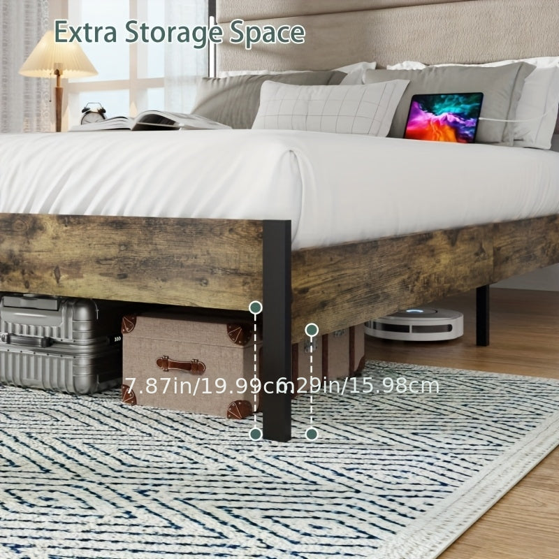Modern Bed Frame with Built-in LED & Charging Hub, Heavy-Duty Metal Platform Bed with Panel Headboard, Tool-Free Assembly for King/Queen Size Beds, - for Smart Homes (No Wood)