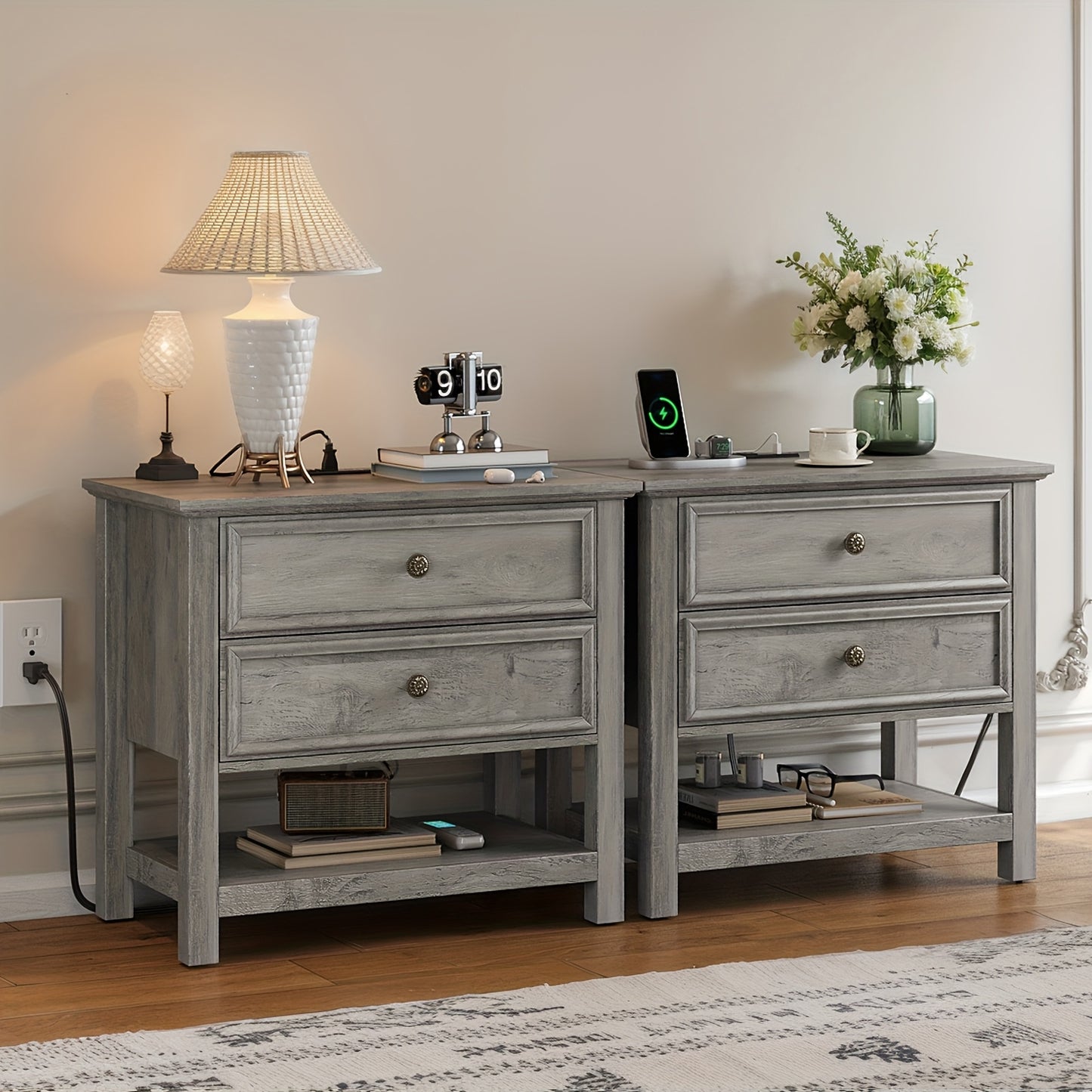 One Or Two Bedside Tables with Charging Docks, a Double-Drawer Dresser for The Bedroom, a Bedside Table with Storage Features, a Three-Tier Open Shelf Bedside Table for The Living Room, Multifunctional Furniture, And a Wooden