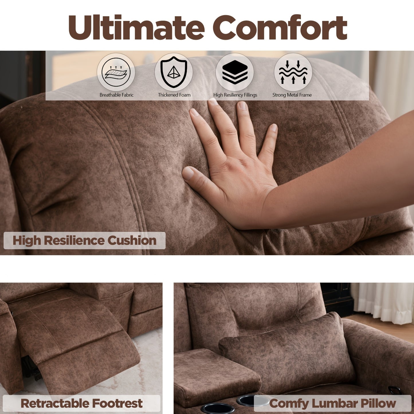 Manual RV Loveseat Recliner | Brown Velvet Cushion-back Sofa with Console, Cup Holders, Pockets for Living Room and Home Theater Seating, Metal Frame, Contemporary Style by VUYUYU