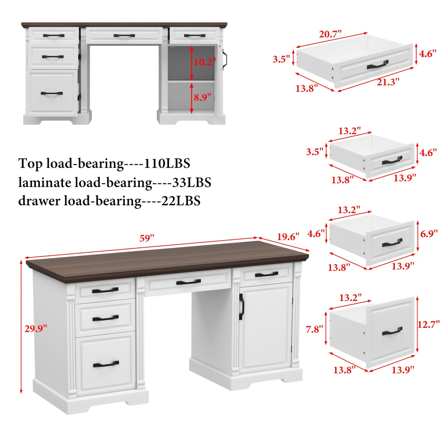 59" Modern Executive Office Conference Desk with 5-Drawer Storage, 2-Tier Cabinets & Walnut/White - Heavy-Duty -Like MDF, Spacious Walnut Veneer Countertop, Freestanding Boardroom Desk for Office, Study Room