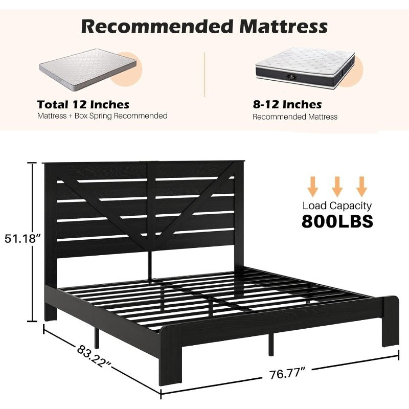 King Size High Bed Frame Black Color | Heavy Metal Bed Frame and Imitation Wooden Headboard, Easy and Easy to Assemble, With USB Charging Station and Night Light Function, Free Home Delivery (no Mattress)