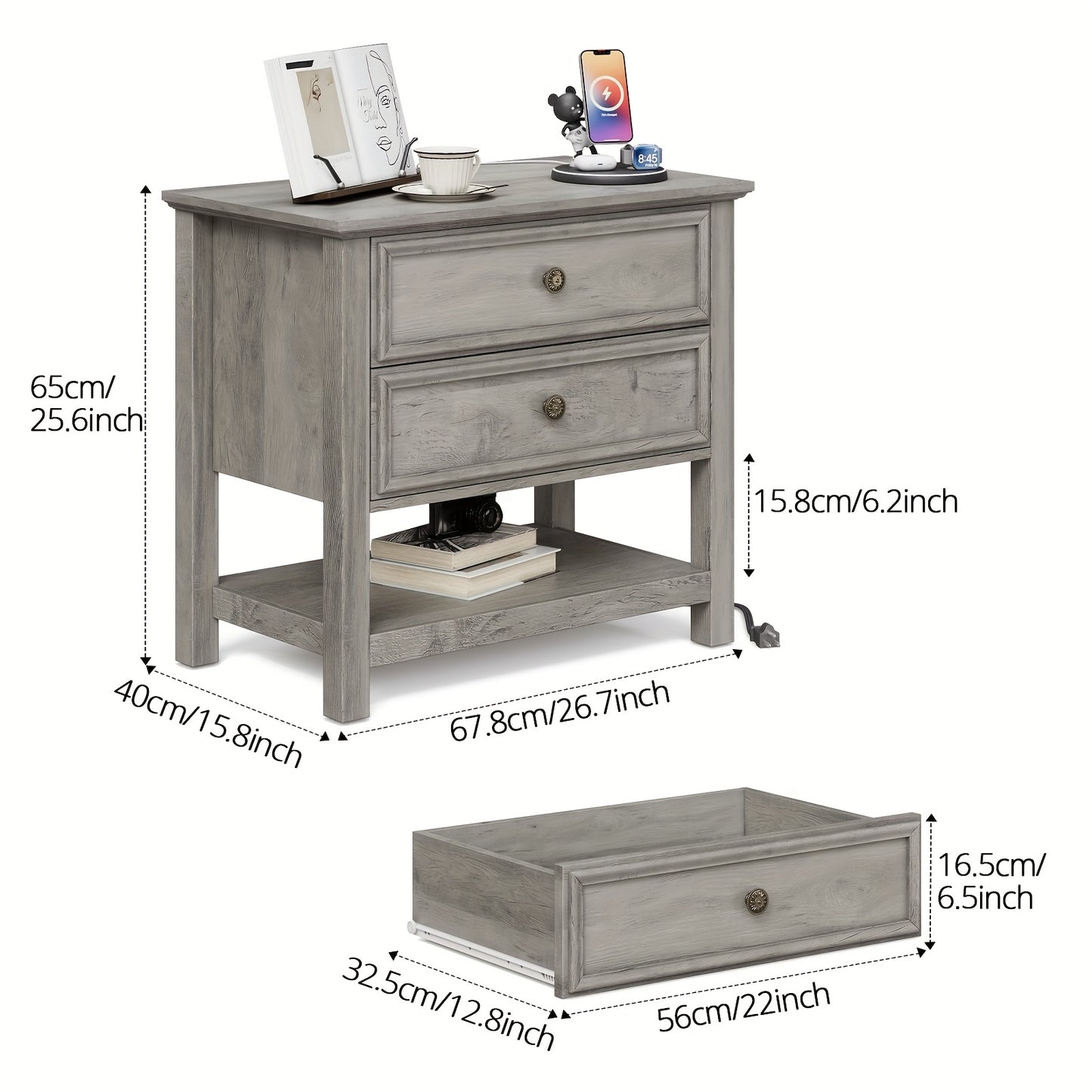 One Or Two Bedside Tables with Charging Docks, a Double-Drawer Dresser for The Bedroom, a Bedside Table with Storage Features, a Three-Tier Open Shelf Bedside Table for The Living Room, Multifunctional Furniture, And a Wooden