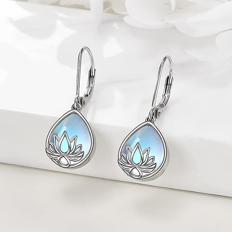 1 Pair of Exquisite 925 Sterling Silvery Flower Pendant Earrings Inlaid with Moonstones - Elegant Women's Jewelry for Engagements, Weddings, and Dinners - Luxurious and Ideal Decorative Gifts