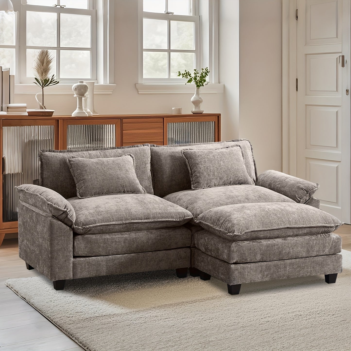 86'' Sectional Sofa, Modular Loveseat Sofa with Ottoman, Chenille Cloud Couch, Upholstered Deep Seat Sofa for Living Room, Apartment