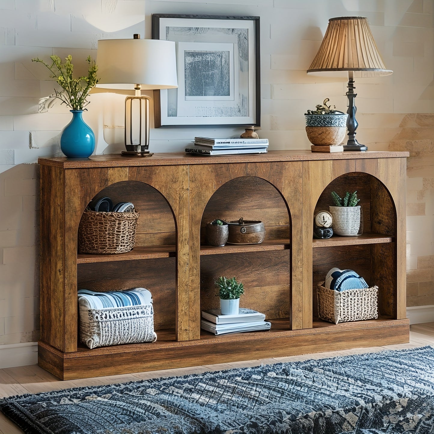 62.99" Modern Farmhouse & Industrial Console Table - -Long Sofa Table Behind Couch, Stain-Resistant Engineered Wood TV Stand with Storage Shelf, Entryway Hall Table Suitable for, Farmhouse, Apartment - Assembly, Wood Frame