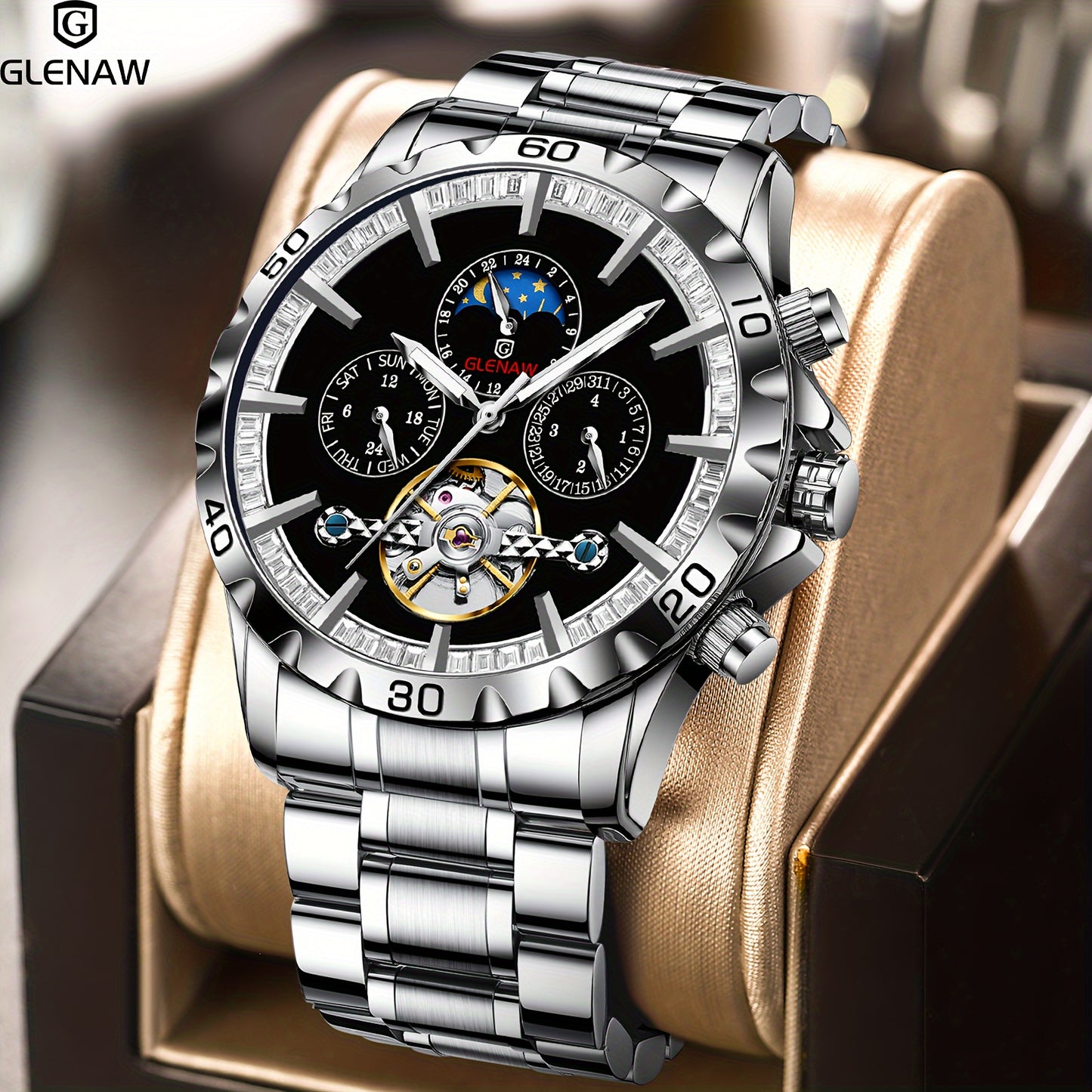 Automatic Men's Watch With Stainless Steel Strap, Multifunctional Men's Watch With Hollow Automatic Winding Mechanical Watch, Displaying Date, Day Of The Week, Month, And Stars.