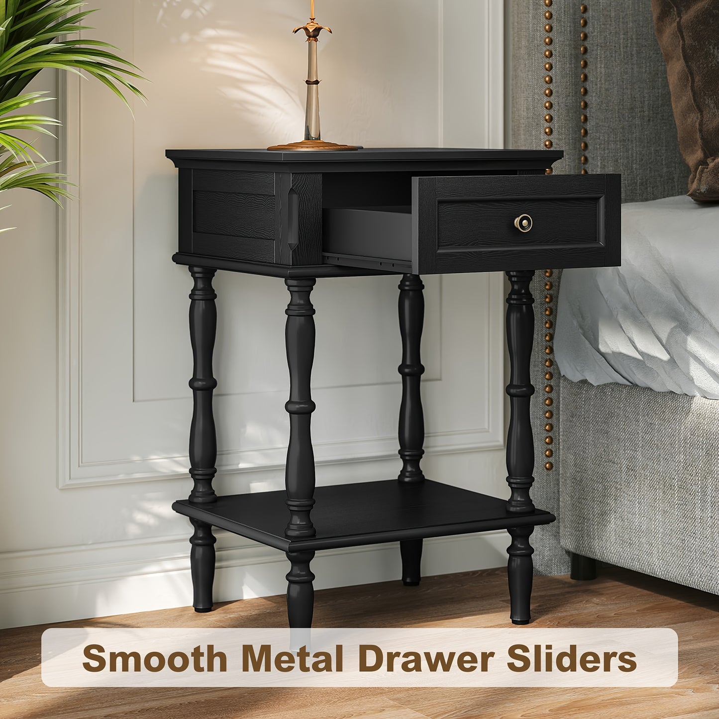 Set of 2 Retro Wood Nightstands | Minimal Assembly, Tree-Veneer, Small Bedside Table with Drawer and Shelf, Suitable for Living Room and Bedroom