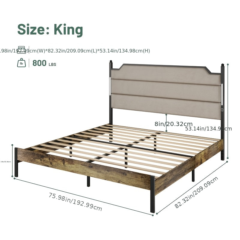 Modern Bed Frame with Built-in LED & Charging Hub, Heavy-Duty Metal Platform Bed with Panel Headboard, Tool-Free Assembly for King/Queen Size Beds, - for Smart Homes (No Wood)
