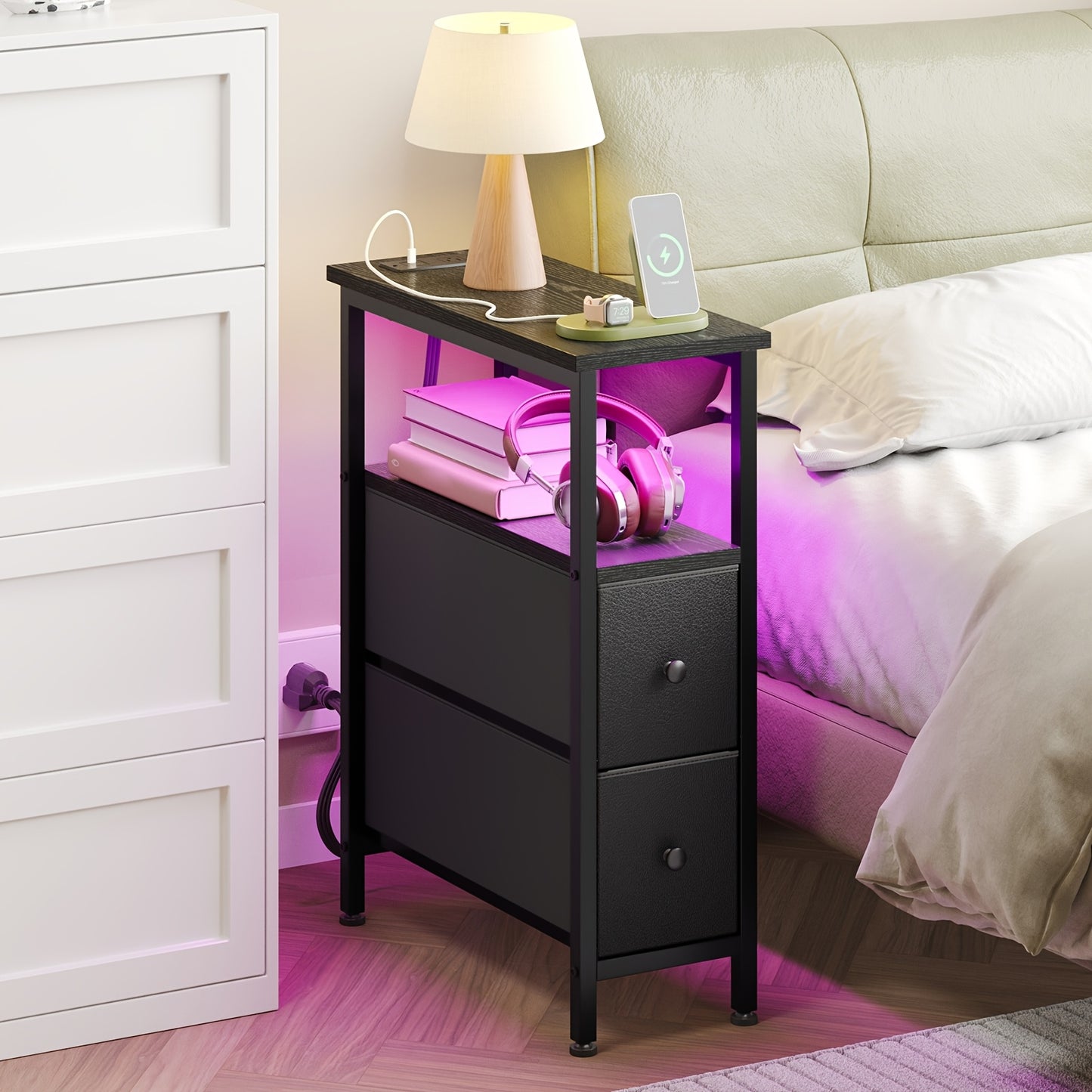 WHONLINE 1pc/2pcs Narrow Night Stand With Charging Station, End Table, Narrow Side Table With 1/2 Fabric Drawers, Skinny Nightstand With Storage, For Living Room, Small Spaces, School And Dormitory Storage, Brown And Black, F