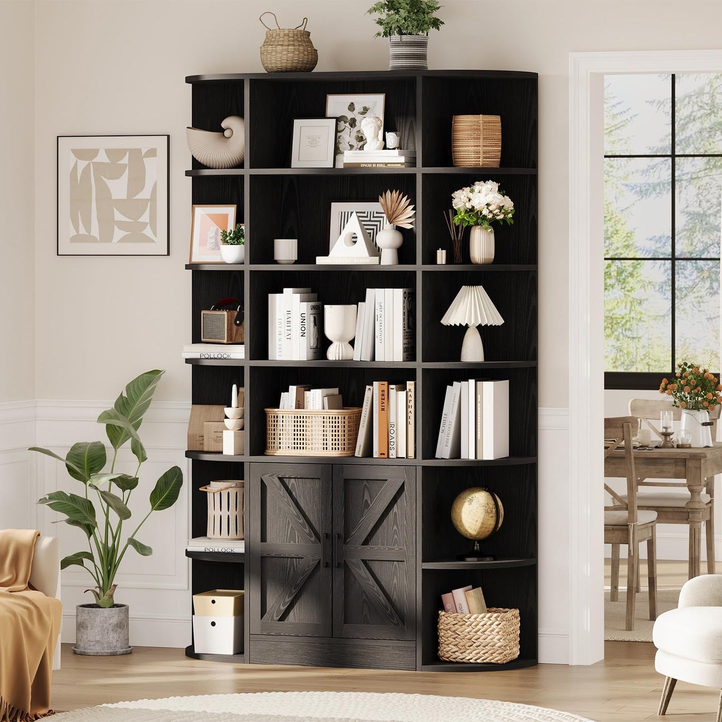 FurniStyle 75-inch Tall Grey 6-Tier Bookcase with Black Accents | Adjustable Shelves, Doors, Anti-Tip Hardware, Freestanding Hardwood Construction for Living Room, Office, or Bedroom Storage