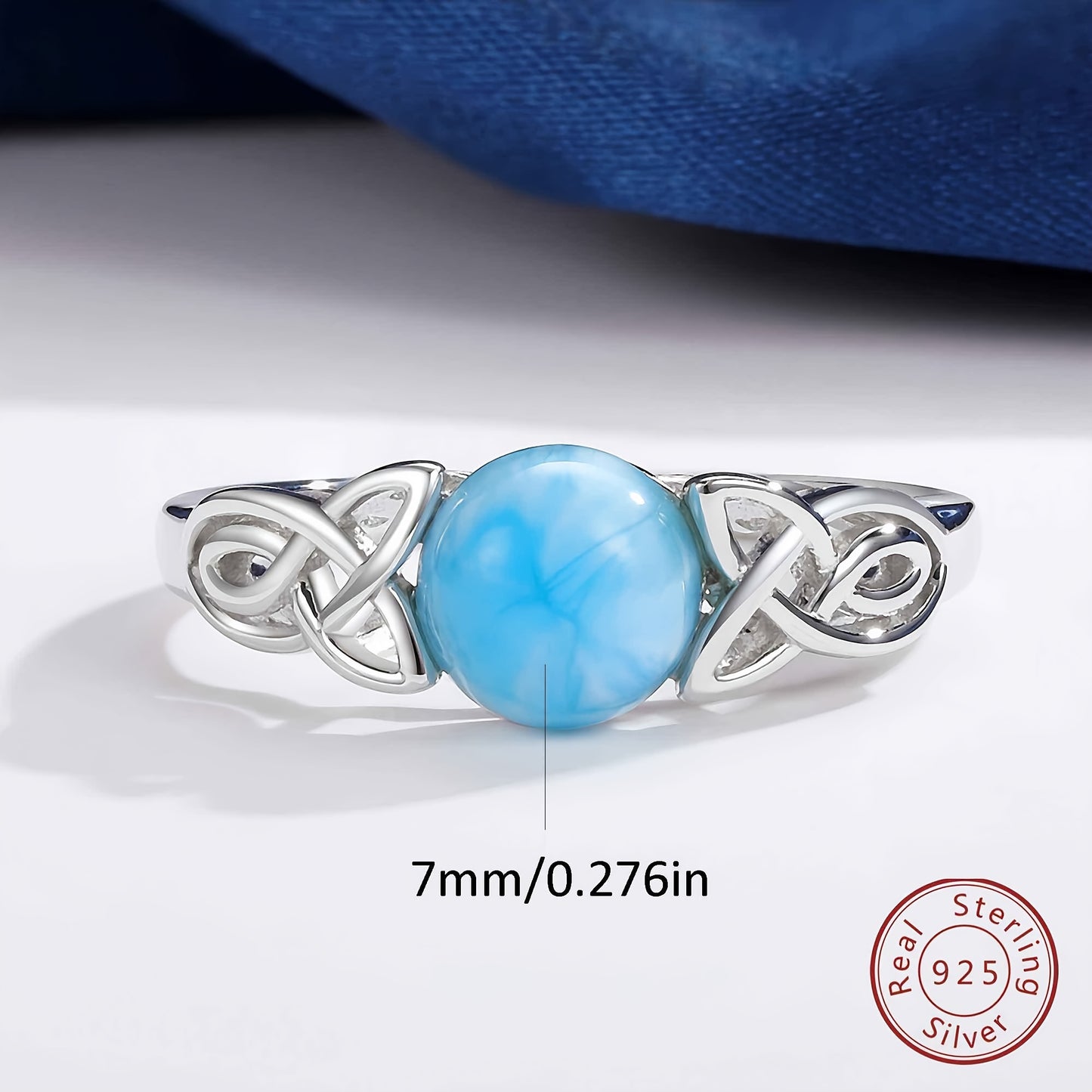 7mm Round Larimar Rings for Women Men, 925 Sterling Sliver Celtic Knot Rings Band Blue Faux Jewelry Gifts Wedding Engagement Luxury #5/6/7/8/9/10, Wedding Ring Set, Engagement Ring, Holiday Gift, Stylish Accessory, Elegant Je