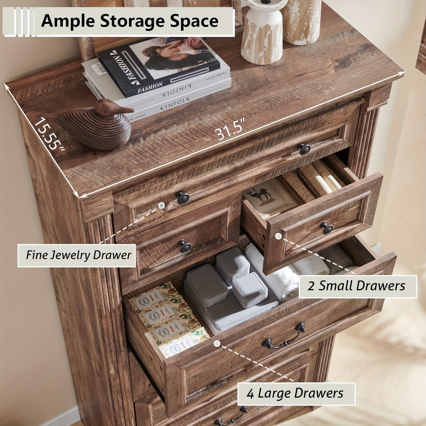 57" Tall Farmhouse Dresser with 7 Drawers, Wooden Storage Chest Featuring Roman Columns for Bedroom Or Hallway | Wooden Decoration