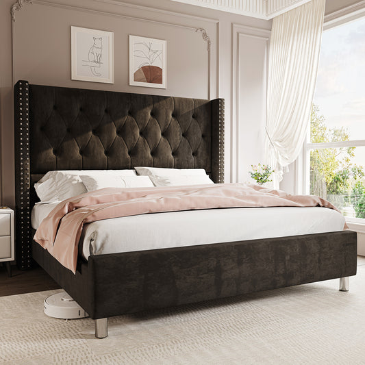 ALBOTT Modern Luxury Queen/King Size Upholstered Platform Bed Frame with 50" Tall Wingback Headboard - Dark Brown/Black Velvet, Button Tufted & Nailhead Trim, Sturdy, No Box Spring, Easy Assembly (Queen/King