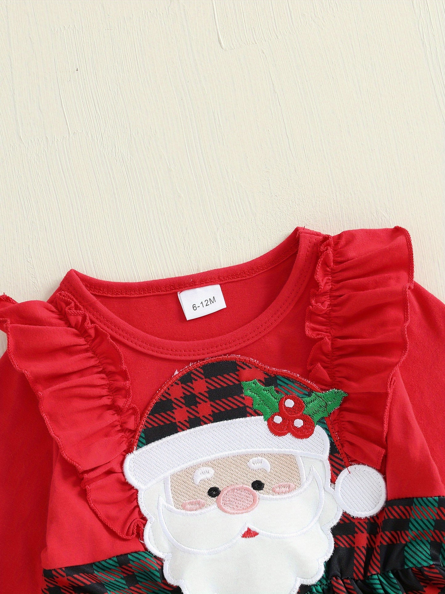 Baby Girl Christmas Dress with Santa Hat & Plaid Skirt - Long Sleeve A-Line Winter Outfit, Ruffle Trim, Knee-Length, Red & Green Checkered Design, Perfect for Fall & Winter, Baby Girl Christmas Clothes, Holiday Infant Wear, P