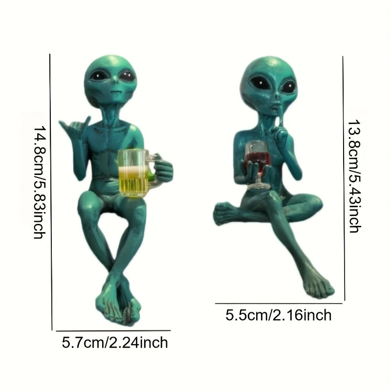 2pcs Green Alien Drinking Resin Sci-Fi Figurines, Space-Themed  Unique Gift for SF Fans