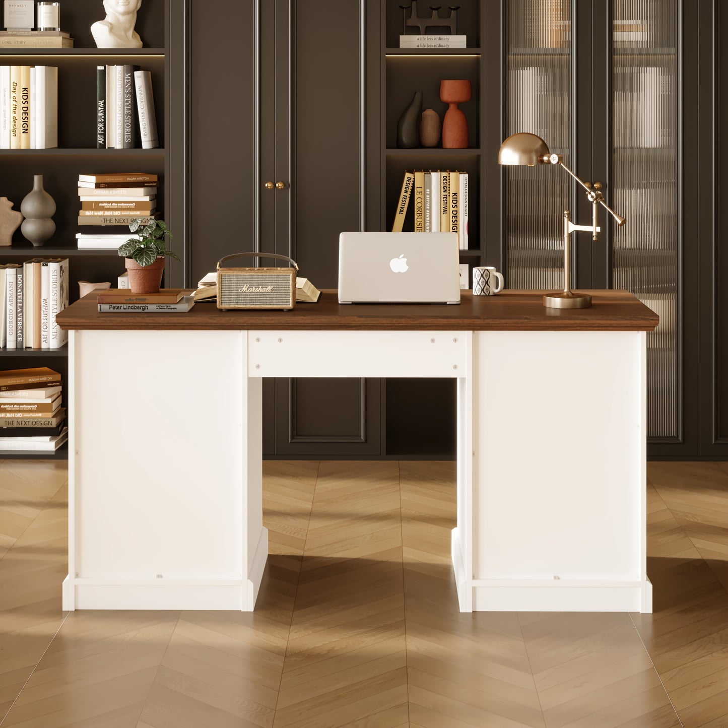 59" Modern Executive Office Conference Desk with 5-Drawer Storage, 2-Tier Cabinets & Walnut/White - Heavy-Duty -Like MDF, Spacious Walnut Veneer Countertop, Freestanding Boardroom Desk for Office, Study Room