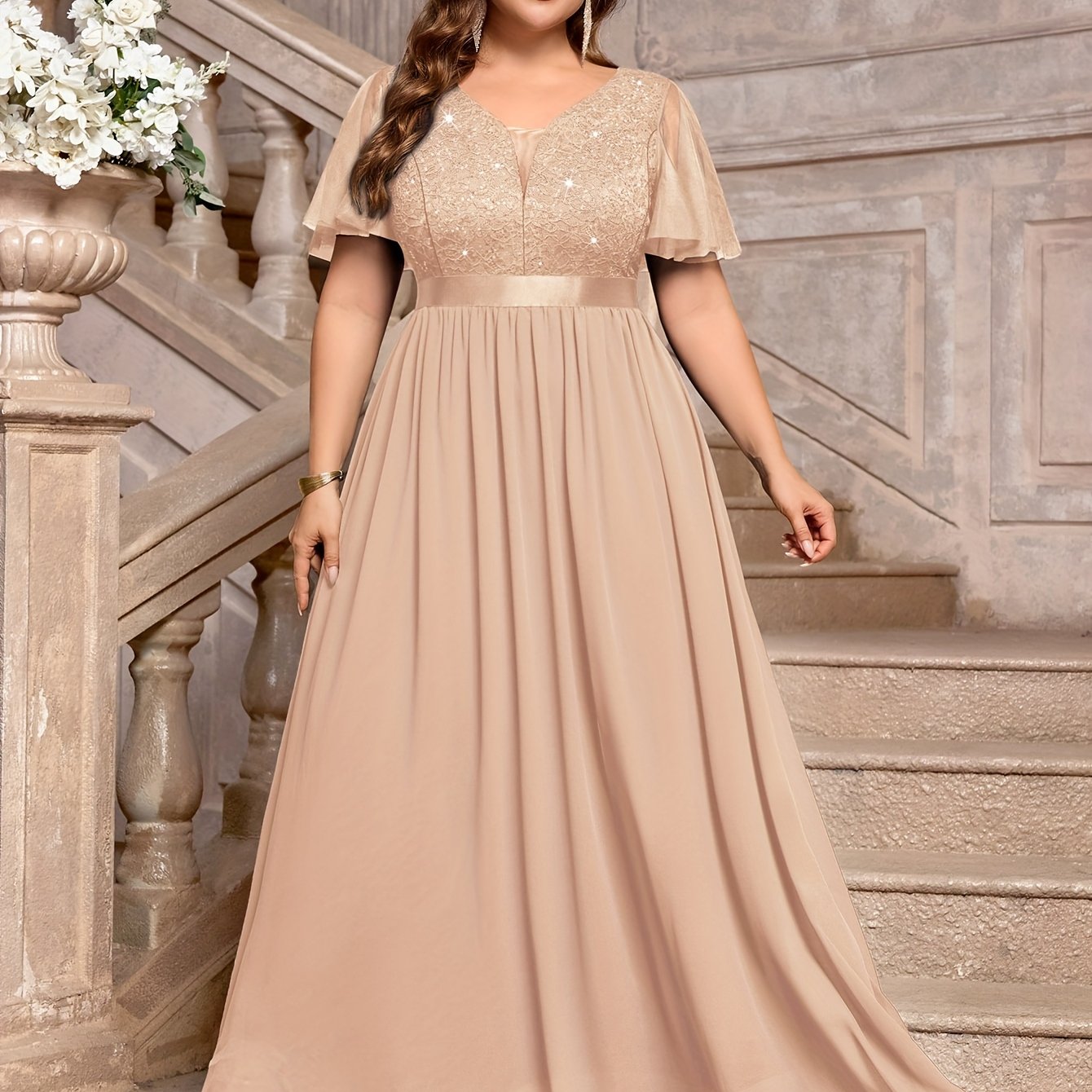Plus Size - P54385A Elegant Plus Size Sequin Lace Bridesmaid Dress, Sweetheart Neckline With Mesh Ruffle Sleeves, Pleated Chiffon Skirt For Formal Parties, Evenings, Weddings