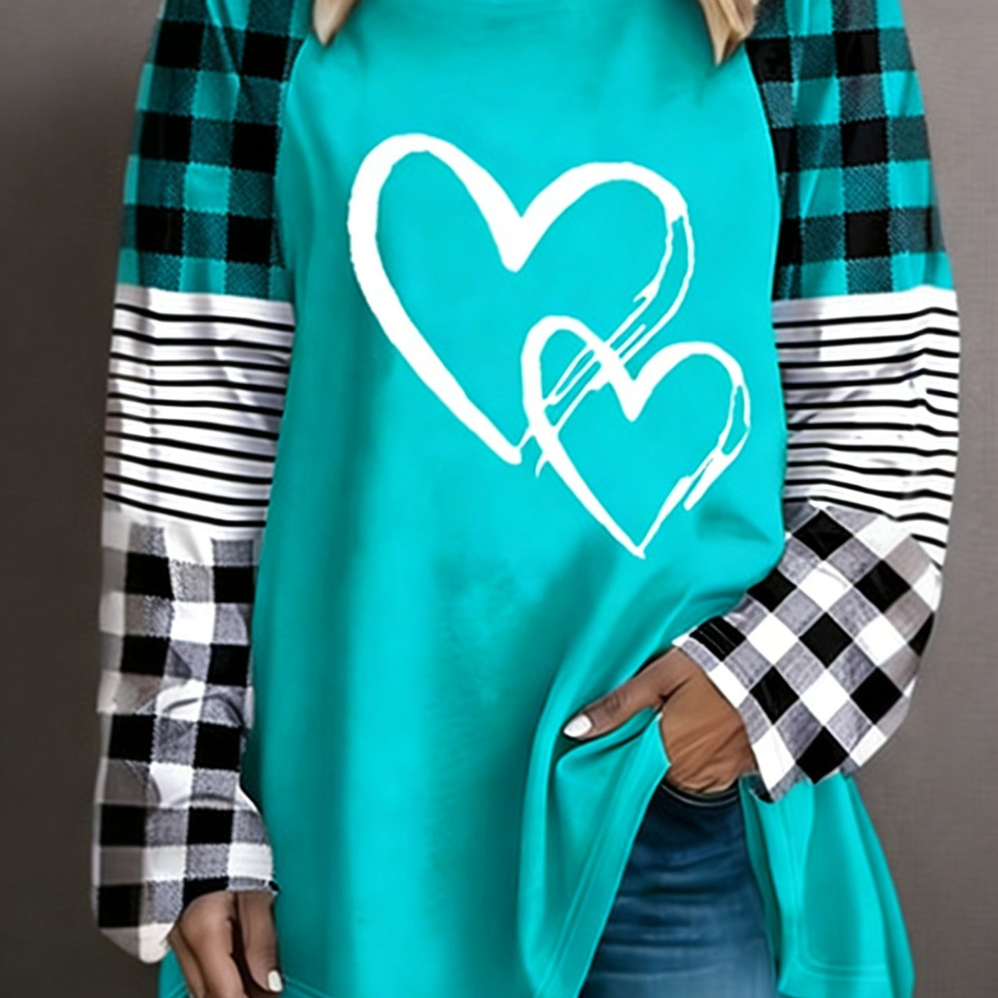 Plus Size - Plus Size - A Women'S Casual Long-Sleeve T-Shirt Featuring a Heart-Shaped Design, Made from Fabric, with a Round Neck Style, Part of The Autumn And Winter Collection, Available in Large Loose Sizes from 0XL to 9XL
