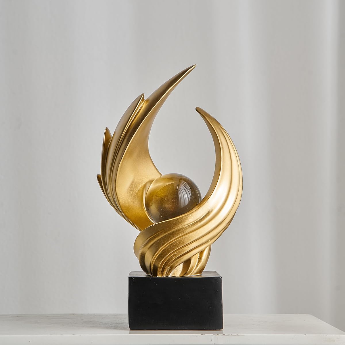 10.43in Tall Modern Abstract Golden Flame Sculpture Statue with Glass Ball Center - Luxury Resin Figurine for home Decor, Wedding Centerpiece, Tabletop or Bookshelf Display - Elegant Golden, Wedding & for hocal Art Piece