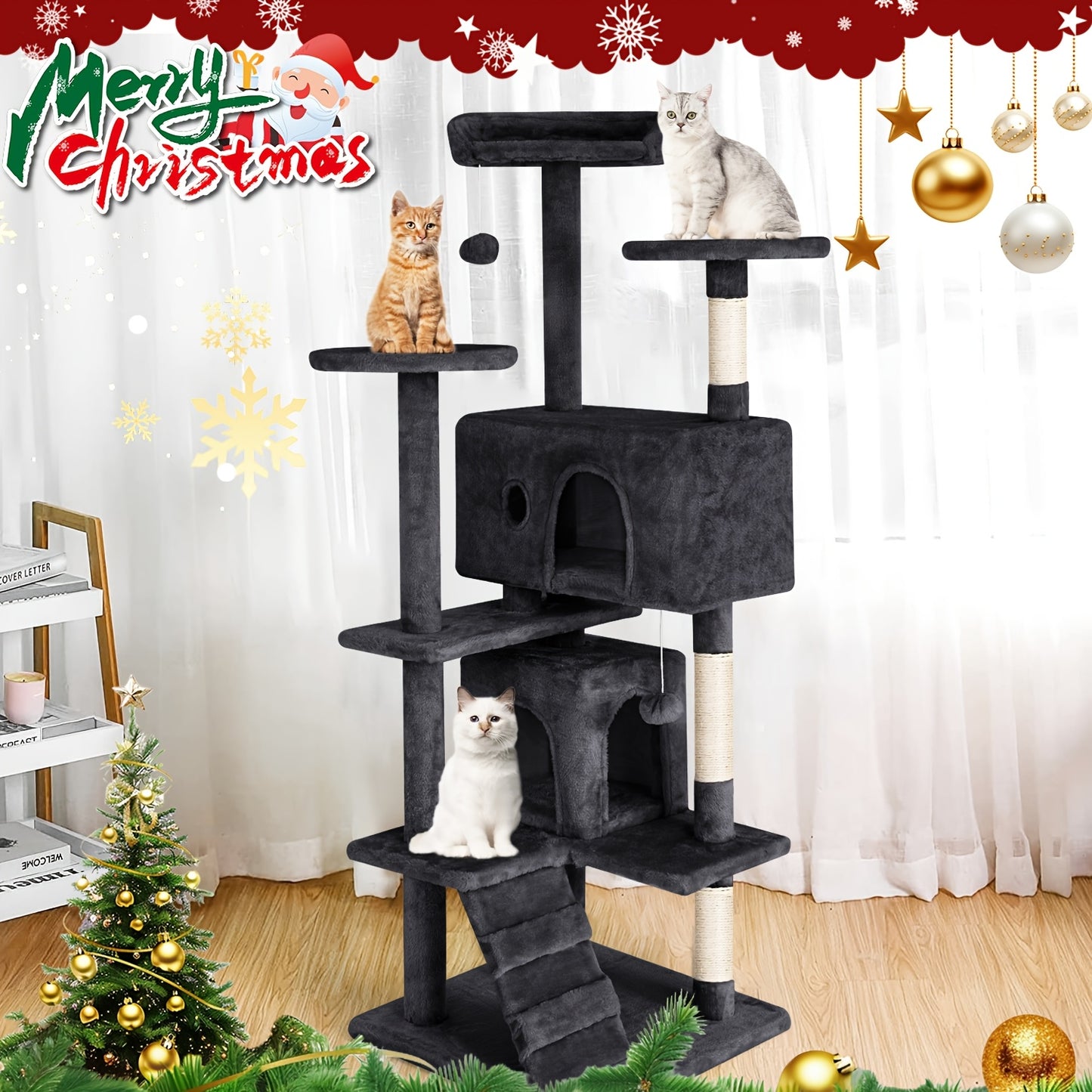 DOPINMIN 54in Cat Tree Tower For Indoor Cats, Multi-Level Furniture Activity Center With Scratching Posts Stand House Condo Funny Toys Kittens Pet Play House, Dark Gray