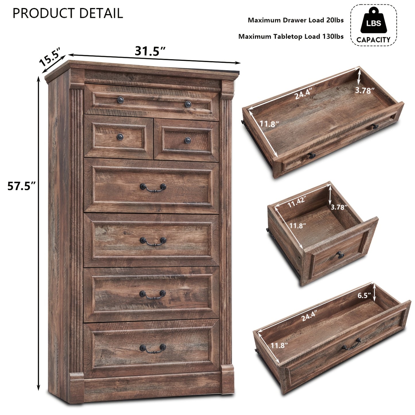 57" Tall Farmhouse Dresser with 7 Drawers, Wooden Storage Chest Featuring Roman Columns for Bedroom Or Hallway | Wooden Decoration