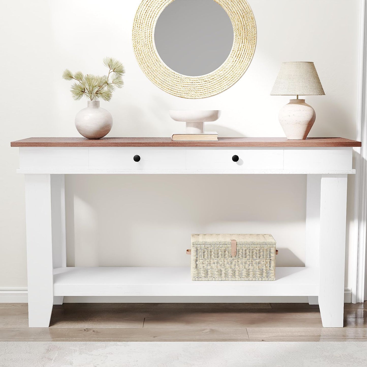 54-Inch Solid/ Console Table with Drawers & Open Shelf - Modern Farmhouse Sofa Table Suitable for Entryway, Hallway, Living Room, Foyer - Sturdy Rectangular Furniture with Ample Storage, Assembly Required for Narrow Spaces